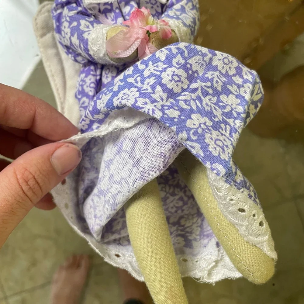 Vintage‎ Hawaiian Floral Angel Doll Purple White Dress Handmade Folk Art Decor